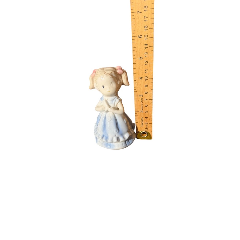 Vintage Ceramic Girl Bell Figurine Blue Ruffled Dress Pink Bows Pigtails 4 Inch - Picture 9 of 9